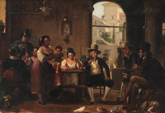 Framed Print : From a Roman Osteria. Pipe-Smoking Hunters and Italian Women, c1830-1870. Creator: Wilhelm Marstrand Framed Print : From a Roman Osteria. Pipe-Smoking Hunters and Italian Women, c1830-1870. Creator: Wilhelm Marstrand