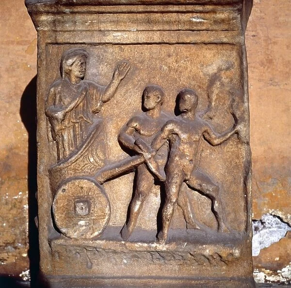 Roman relief, Kleobis and Biton draw their mother by chariot, c1st-3rd century