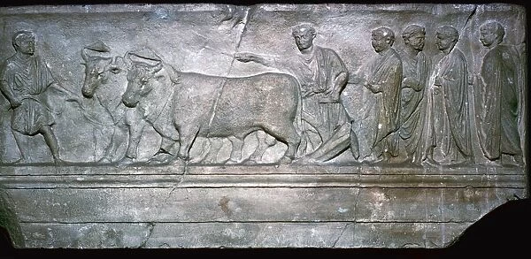 Roman relief showing the ritual plowing of the boundaries of a new city