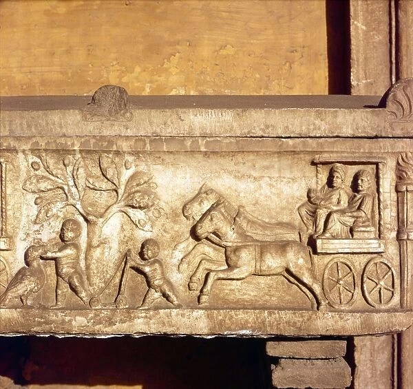 Roman Sarcophagus detail with Horsedrawn carriage and children playing c3rd century