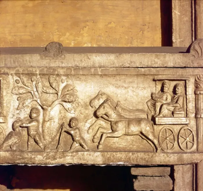 Framed Print : Roman Sarcophagus detail with Horsedrawn carriage and children playing c3rd century Framed Print : Roman Sarcophagus detail with Horsedrawn carriage and children playing c3rd century