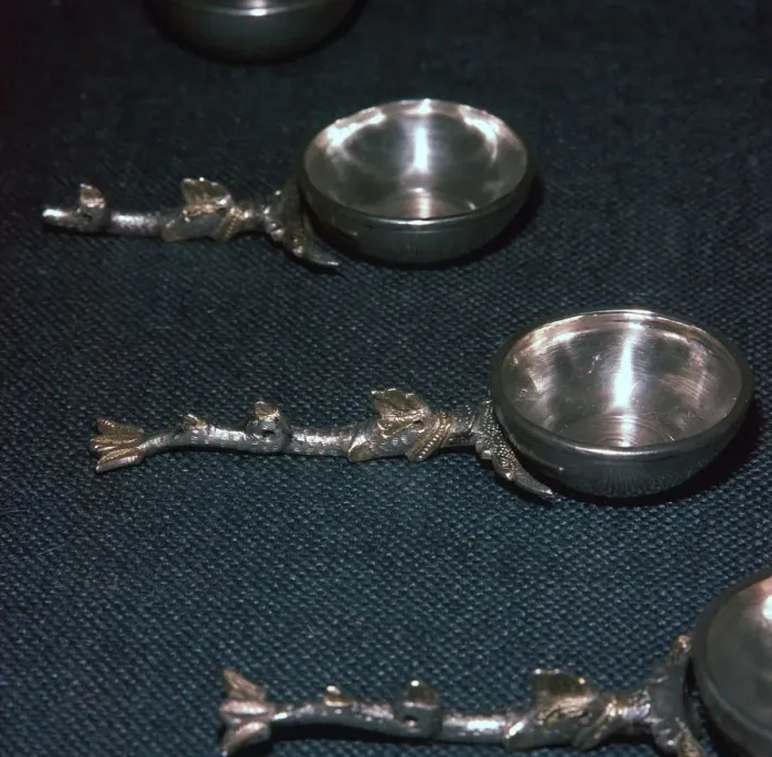 Framed Print : Roman silver and gilt ladles with handles cast in the form of dolphins, 4th century Framed Print : Roman silver and gilt ladles with handles cast in the form of dolphins, 4th century