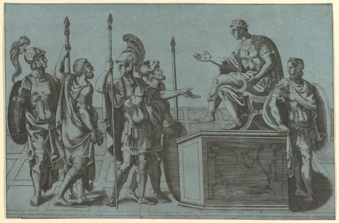 Framed Print : Roman Soldiers Before an Emperor, before 1540 (?). Creator: Giorgio Ghisi Framed Print : Roman Soldiers Before an Emperor, before 1540 (?). Creator: Giorgio Ghisi