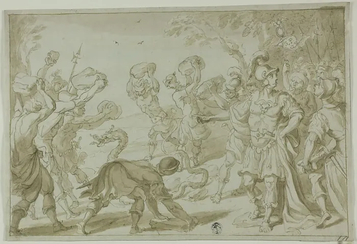 Framed Print : Roman Soldiers Stoning a Serpent, n.d. Creator: Abraham Bloemaert Framed Print : Roman Soldiers Stoning a Serpent, n.d. Creator: Abraham Bloemaert