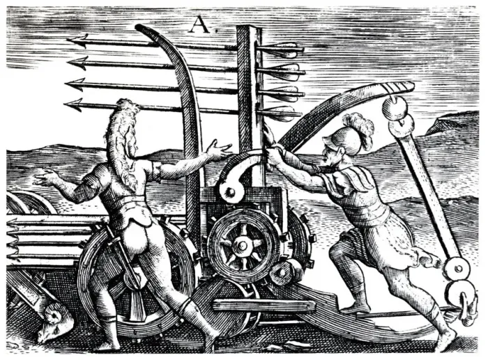 Framed Print : Roman soldiers using a war engine firing multiple arrows, 1605 Framed Print : Roman soldiers using a war engine firing multiple arrows, 1605