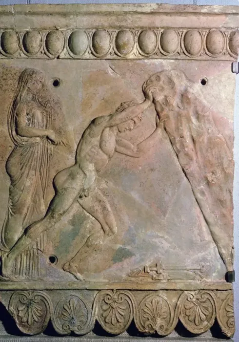Framed Print : Roman terracotta Campana plaque showing Theseus lifting a huge rock