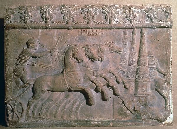 Roman terracotta panel showing a racing chariot