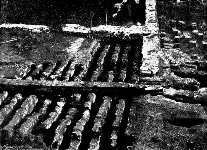 Framed Print : The Roman Villa recently discovered at Darenth...: hypocaust with chalk blocks, looking east, 1895. Creator: Ernest Christopher Youens Framed Print : The Roman Villa recently discovered at Darenth...: hypocaust with chalk blocks, looking east, 1895. Creator: Ernest Christopher Youens