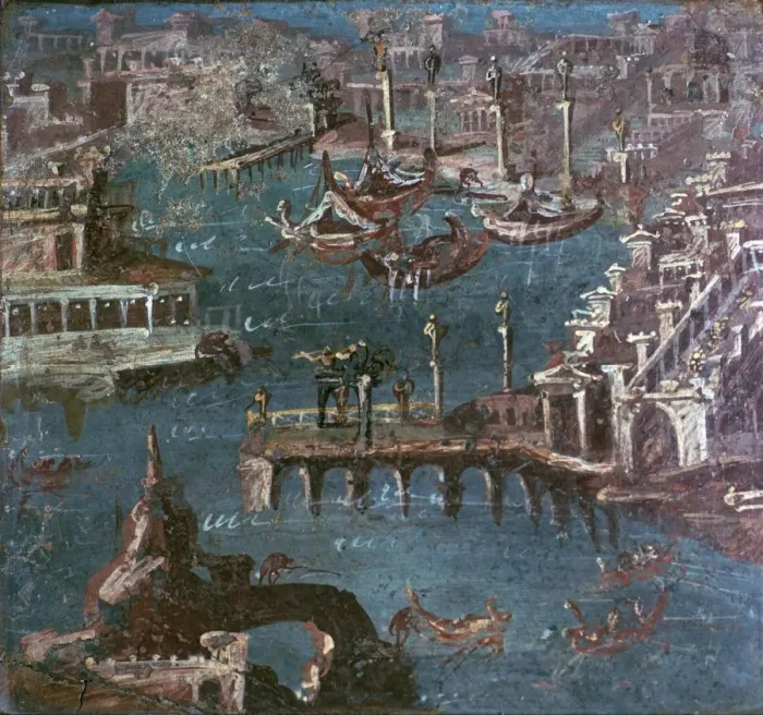 Framed Print : Roman wall-painting of a harbour scene Framed Print : Roman wall-painting of a harbour scene