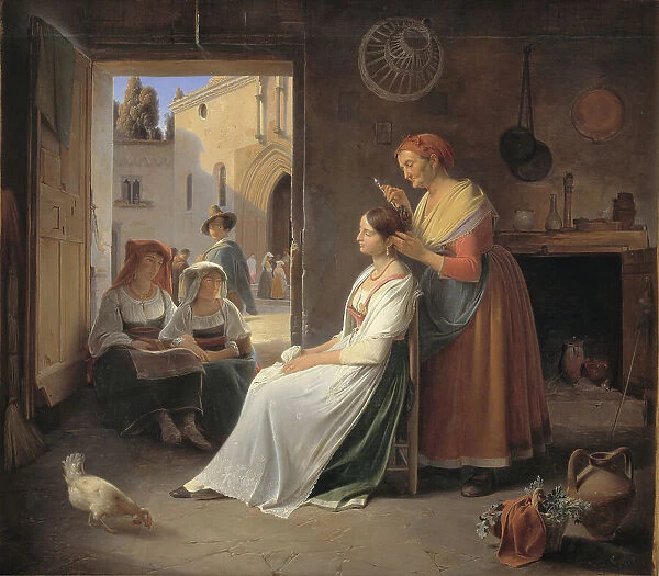 A Roman Woman Adorning Her Young Daughter, 1835. Creator: Albert Kuchler