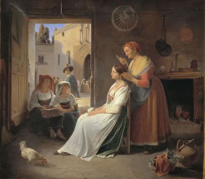 Framed Print : A Roman Woman Adorning Her Young Daughter, 1835. Creator: Albert Kuchler Framed Print : A Roman Woman Adorning Her Young Daughter, 1835. Creator: Albert Kuchler