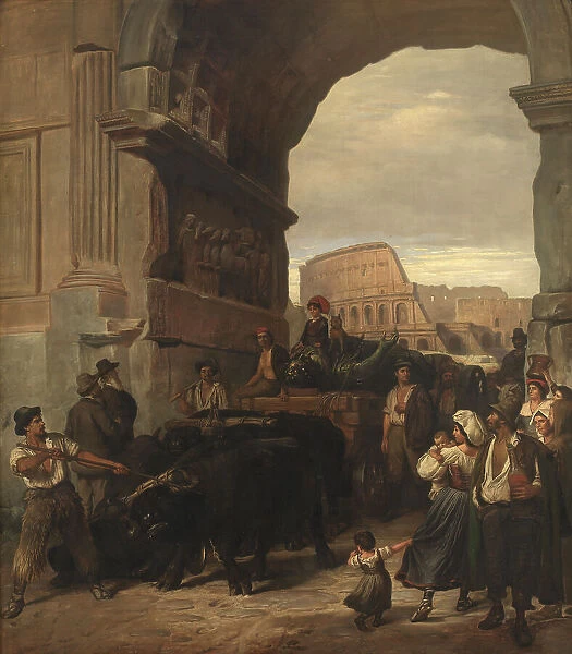 Roman Workmen Transporting an Antique Imperial Statue from the Colosseum through the... 1866-1867. Creator: Ludvig Abelin Schou