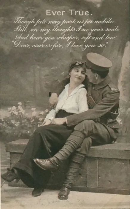 Framed Print : Romantic postcard featuring a soldier and his sweetheart, c1914-18 Framed Print : Romantic postcard featuring a soldier and his sweetheart, c1914-18
