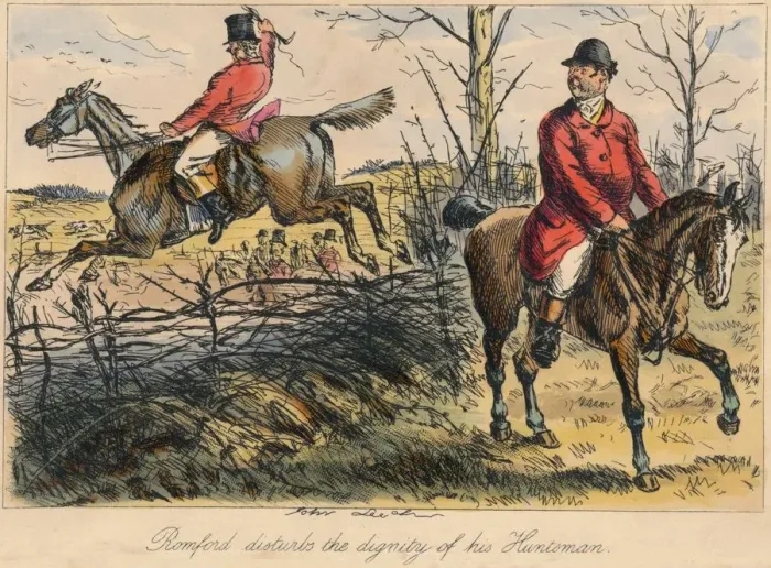 Framed Print : Romford disturbs the dignity of his Huntman, 1865. Artists: Bradbury, Evans and Co, John Leech, Hablot Knight Browne Framed Print : Romford disturbs the dignity of his Huntman, 1865. Artists: Bradbury, Evans and Co, John Leech, Hablot Knight Browne