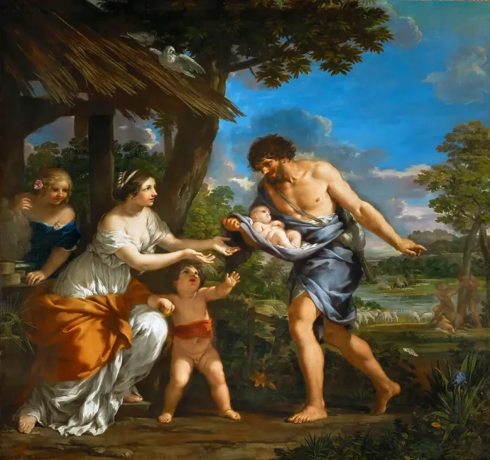 Framed Print : Romulus and Remus Sheltered by Faustulus, c. 1643. Creator: Cortona, Pietro da (1596-1669) Framed Print : Romulus and Remus Sheltered by Faustulus, c. 1643. Creator: Cortona, Pietro da (1596-1669)