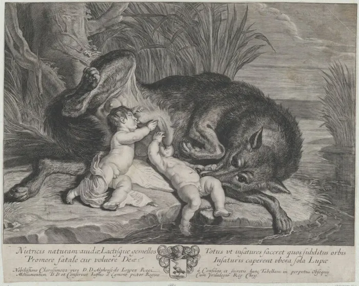 Framed Print : Romulus and Remus suckling the she-wolf on a riverbank, ca. 1650-75. Creator: Anon Framed Print : Romulus and Remus suckling the she-wolf on a riverbank, ca. 1650-75. Creator: Anon
