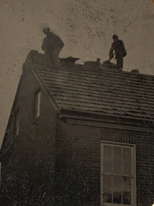Framed Print : Two Roofers Working Atop a Building, 1860s-80s. Creator: Unknown Framed Print : Two Roofers Working Atop a Building, 1860s-80s. Creator: Unknown