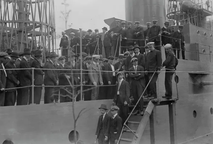 Framed Print : Rookies leave U.S.S. Recruit for Newport, 1917. Creator: Bain News Service Framed Print : Rookies leave U.S.S. Recruit for Newport, 1917. Creator: Bain News Service