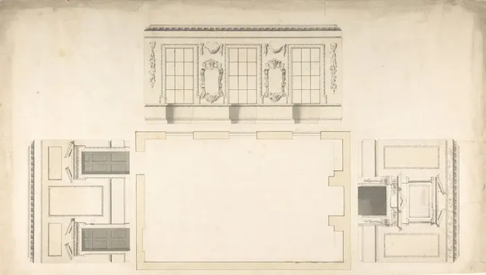 Framed Print : Room Design Showing Plan and Three Wall Elevations, ca. 1740-60. Creator: Anon Framed Print : Room Design Showing Plan and Three Wall Elevations, ca. 1740-60. Creator: Anon