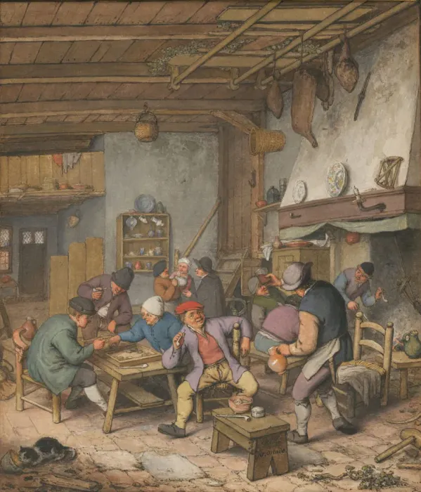 Framed Print : Room in an Inn with Peasants Drinking, Smoking and Playing Backgam, 1678. Artist: Ostade, Adriaen Jansz, van (1610-1685) Framed Print : Room in an Inn with Peasants Drinking, Smoking and Playing Backgam, 1678. Artist: Ostade, Adriaen Jansz, van (1610-1685)