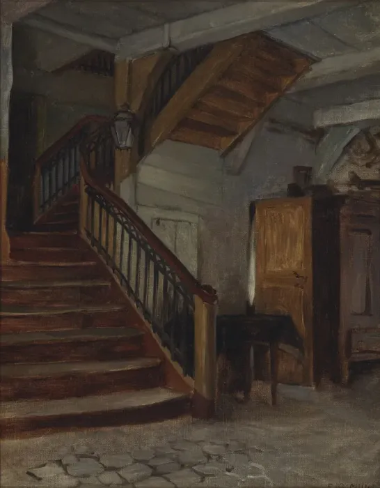 Framed Print : Room Interior with Winding Staircase, late 19th-early 20th century Framed Print : Room Interior with Winding Staircase, late 19th-early 20th century