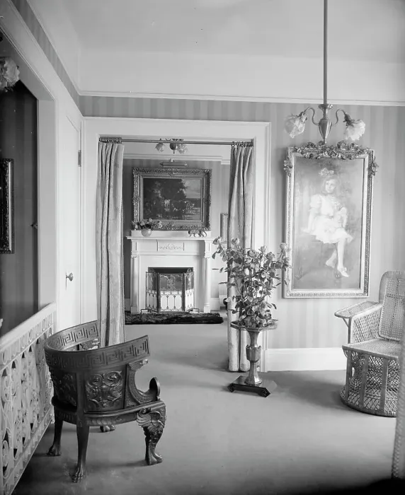 Framed Print : Room with painting of child, roses, and portiere, between 1900 and 1915. Creator: Unknown Framed Print : Room with painting of child, roses, and portiere, between 1900 and 1915. Creator: Unknown