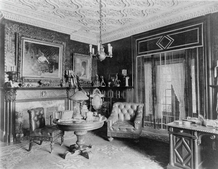Framed Print : Room with plasterwork ceiling, fireplace, and circular table.. Greenwich, Connecticut, 1908. Creator: Frances Benjamin Johnston Framed Print : Room with plasterwork ceiling, fireplace, and circular table.. Greenwich, Connecticut, 1908. Creator: Frances Benjamin Johnston