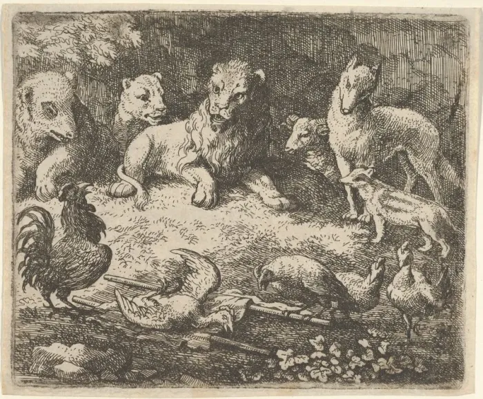 Framed Print : The Rooster Accuses Renard of the Murder of One of His Chickens, mid-17th century Framed Print : The Rooster Accuses Renard of the Murder of One of His Chickens, mid-17th century