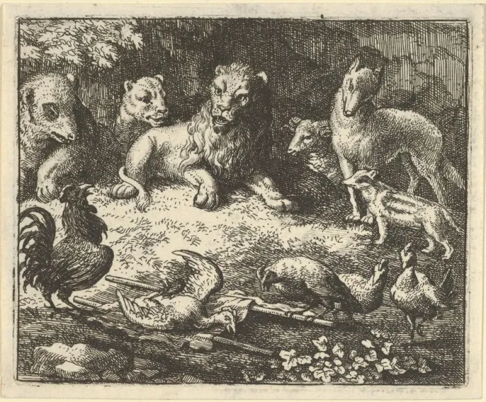 Framed Print : The Rooster Accuses Renard of Murdering his Chicken, 1650-75 Framed Print : The Rooster Accuses Renard of Murdering his Chicken, 1650-75