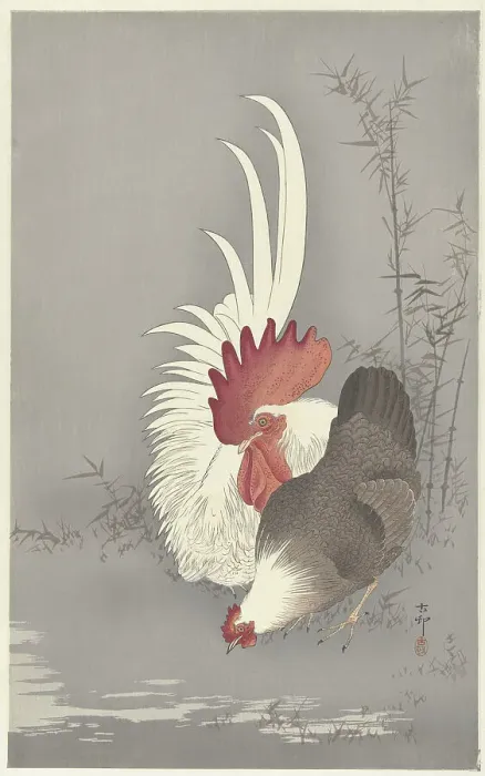 Framed Print : Rooster and chicken. Creator: Ohara, Koson (1877-1945) Framed Print : Rooster and chicken. Creator: Ohara, Koson (1877-1945)