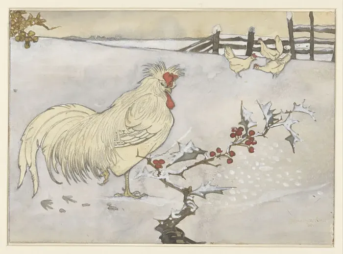 Framed Print : Rooster and three chickens in a snowy landscape with a branch of holly, 1906. Creator: Jan C Van der Ven Framed Print : Rooster and three chickens in a snowy landscape with a branch of holly, 1906. Creator: Jan C Van der Ven