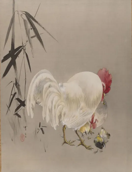 Framed Print : Rooster and Hen with Chicks, ca. 1887. Creator: Watanabe Seitei Framed Print : Rooster and Hen with Chicks, ca. 1887. Creator: Watanabe Seitei
