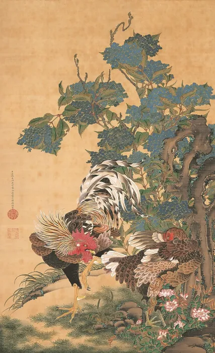 Framed Print : Rooster, Hen and Hydrangeas, c1755. Creator: Jakuchu, Ito (1716-1800)