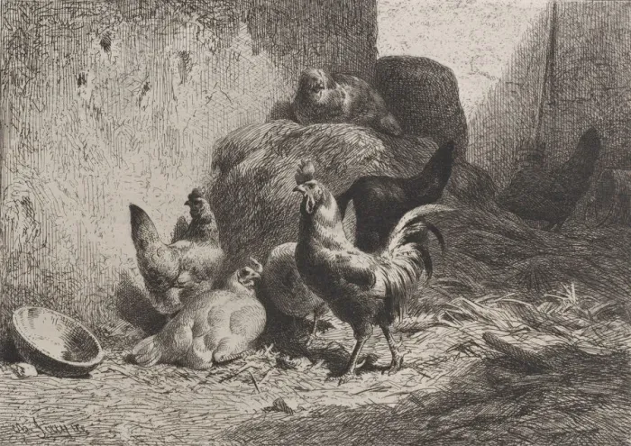 Framed Print : Rooster and Hens, 1864. Creator: Charles Emile Jacque Framed Print : Rooster and Hens, 1864. Creator: Charles Emile Jacque