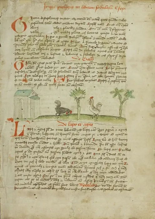 Framed Print : A Rooster Pecking at the Ground; Fables... third quarter of 15th century. Creator: Unknown Framed Print : A Rooster Pecking at the Ground; Fables... third quarter of 15th century. Creator: Unknown