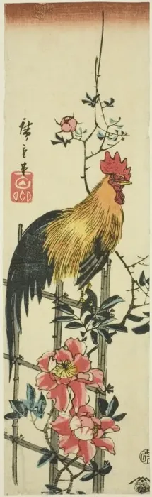 Framed Print : Rooster perched on rose trellis, 1854. Creator: Ando Hiroshige Framed Print : Rooster perched on rose trellis, 1854. Creator: Ando Hiroshige