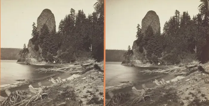 Framed Print : Rooster Rock, Columbia River, 1867. Creator: Carleton Emmons Watkins Framed Print : Rooster Rock, Columbia River, 1867. Creator: Carleton Emmons Watkins