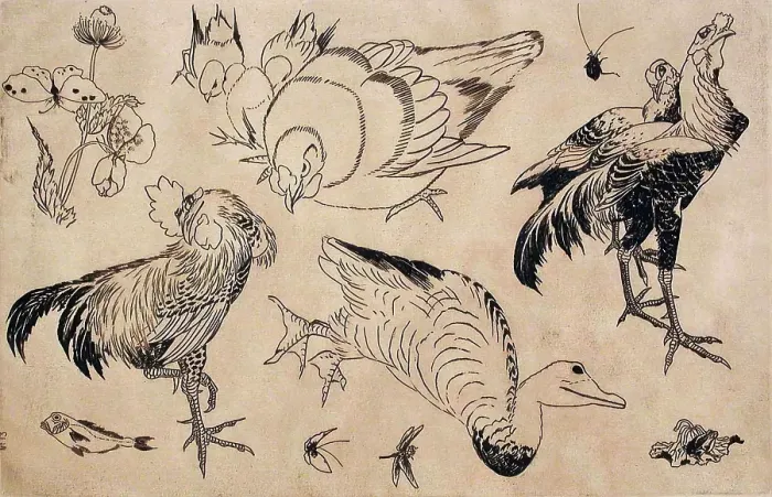 Framed Print : Roosters, Ducks, etc. 1866. Creators: Felix Bracquemond, Hokusai Framed Print : Roosters, Ducks, etc. 1866. Creators: Felix Bracquemond, Hokusai
