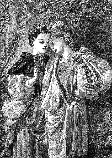 'Rosalind and Celia' ('As You Like It', by Miss Edwards in the Exhibition of the Society... 1862. Creator: W Thomas. 'Rosalind and Celia' ('As You Like It', by Miss Edwards in the Exhibition of the Society... 1862)