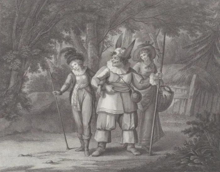 Framed Print : Rosalind, Celia & Touchstone (Shakespeare, As You Like It, Act 2, Scene 2), June 1, 1792. Creator: John Chapman Framed Print : Rosalind, Celia & Touchstone (Shakespeare, As You Like It, Act 2, Scene 2), June 1, 1792. Creator: John Chapman