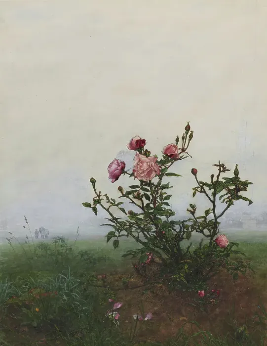 Framed Print : Rose Bush in front of a Landscape, 1863. Creator: Leon Bonvin Framed Print : Rose Bush in front of a Landscape, 1863. Creator: Leon Bonvin