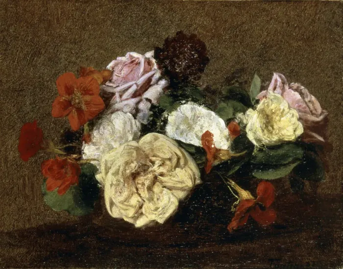 Framed Print : Roses and Nasturtiums in a Vase, 1883 Framed Print : Roses and Nasturtiums in a Vase, 1883