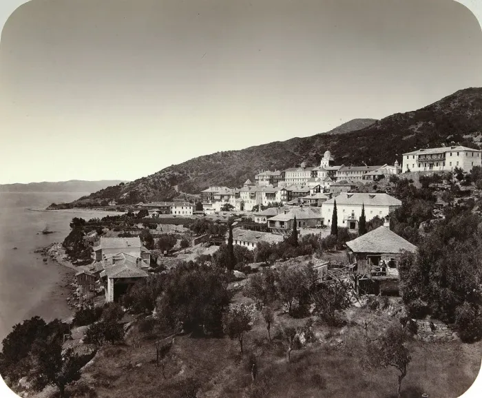 Framed Print : The Rossikon (St Panteleimon Monastery) on Mount Athos, Greece, 1860s Framed Print : The Rossikon (St Panteleimon Monastery) on Mount Athos, Greece, 1860s