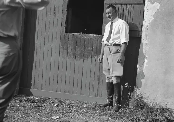 Framed Print : Rothbart, Albert, Mr. grounds, with unidentified man standing by a stable door, c1920-1935. Creator: Arnold Genthe Framed Print : Rothbart, Albert, Mr. grounds, with unidentified man standing by a stable door, c1920-1935. Creator: Arnold Genthe