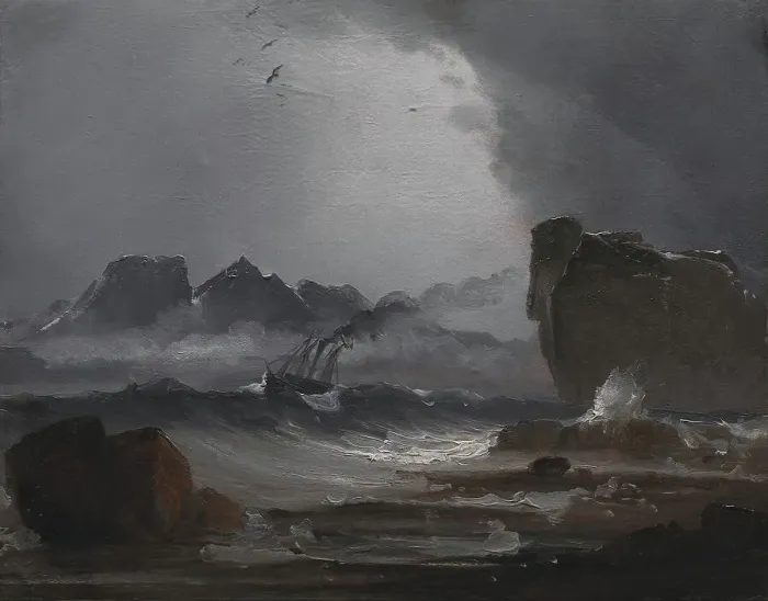 Framed Print : Rough Sea with a Steamer near the Coast of Norway, 1847-1850. Creator: Peder Balke Framed Print : Rough Sea with a Steamer near the Coast of Norway, 1847-1850. Creator: Peder Balke