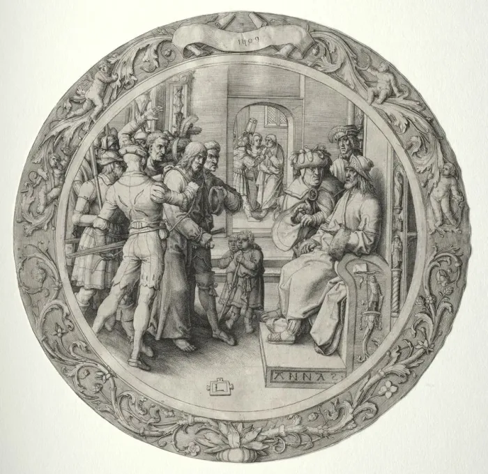 Framed Print : The Round Passion: Christ before the High Priest, 1509. Creator: Lucas van Leyden (Dutch Framed Print : The Round Passion: Christ before the High Priest, 1509. Creator: Lucas van Leyden (Dutch