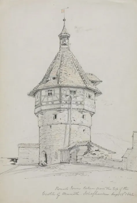 Framed Print : Round Tower, Castle of Munoth, Schafhausen, Switzerland, 1842. Creator: John William Casilear Framed Print : Round Tower, Castle of Munoth, Schafhausen, Switzerland, 1842. Creator: John William Casilear
