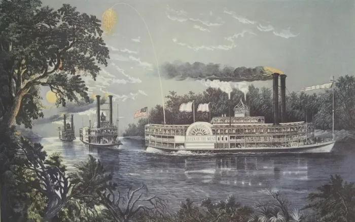 Framed Print : Rounding A Bend On The Mississippi, Steamboat Queen of the West, pub. 1866 Framed Print : Rounding A Bend On The Mississippi, Steamboat Queen of the West, pub. 1866