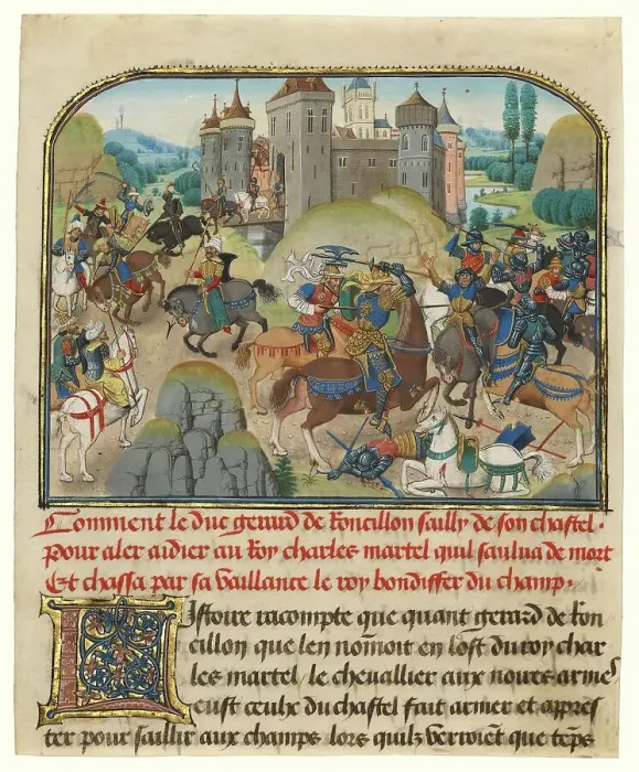 Framed Print : Roussillon Going to Martel's Aid; Histoire de Charles Martel, written 1463-65; illuminated 1467-72. Creators: Loyset Liedet, Pol Fruit Framed Print : Roussillon Going to Martel's Aid; Histoire de Charles Martel, written 1463-65; illuminated 1467-72. Creators: Loyset Liedet, Pol Fruit