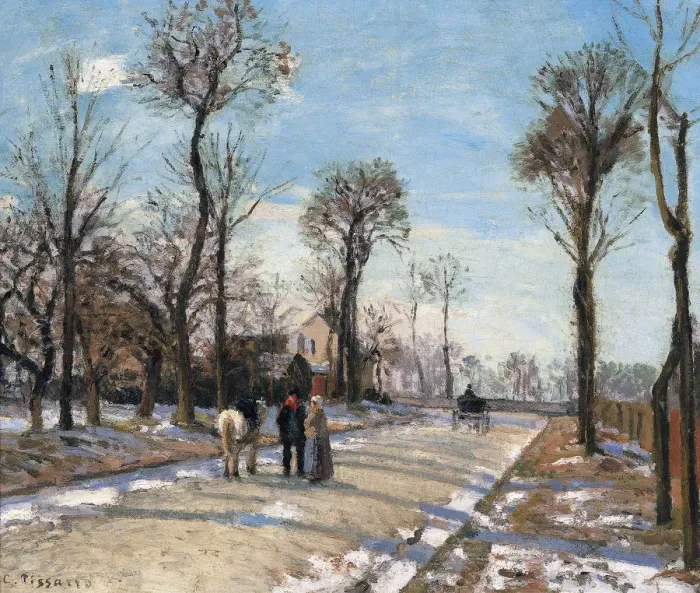 Framed Print : Route de Versailles, Louveciennes, Winter Sun and Snow, c. 1870. Artist: Pissarro, Camille (1830-1903) Framed Print : Route de Versailles, Louveciennes, Winter Sun and Snow, c. 1870. Artist: Pissarro, Camille (1830-1903)